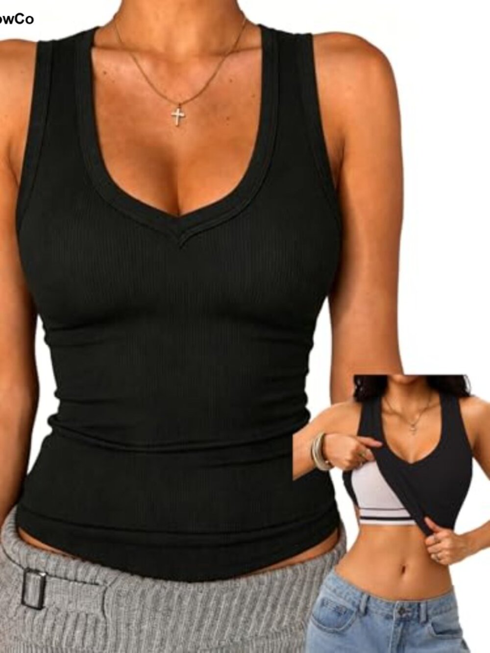 Built in Bra Tank Top Racerback Ribbed Cotton Blend Sleeveless V Neck